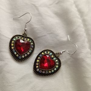 Hand crafted Silver Rhinestone Red Heart logo Statement earrings